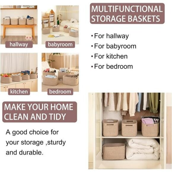 Woven Cotton Storage Baskets Set Cube Shelf Organizer Bins with Handles - Picture 6 of 8